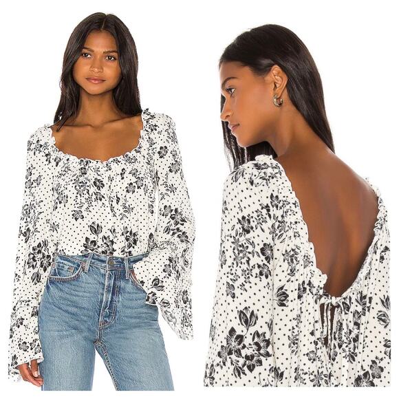 Free People One On One Date Floral Bodysuit XS White Polka Dot Bell Sleeve - Picture 1 of 16